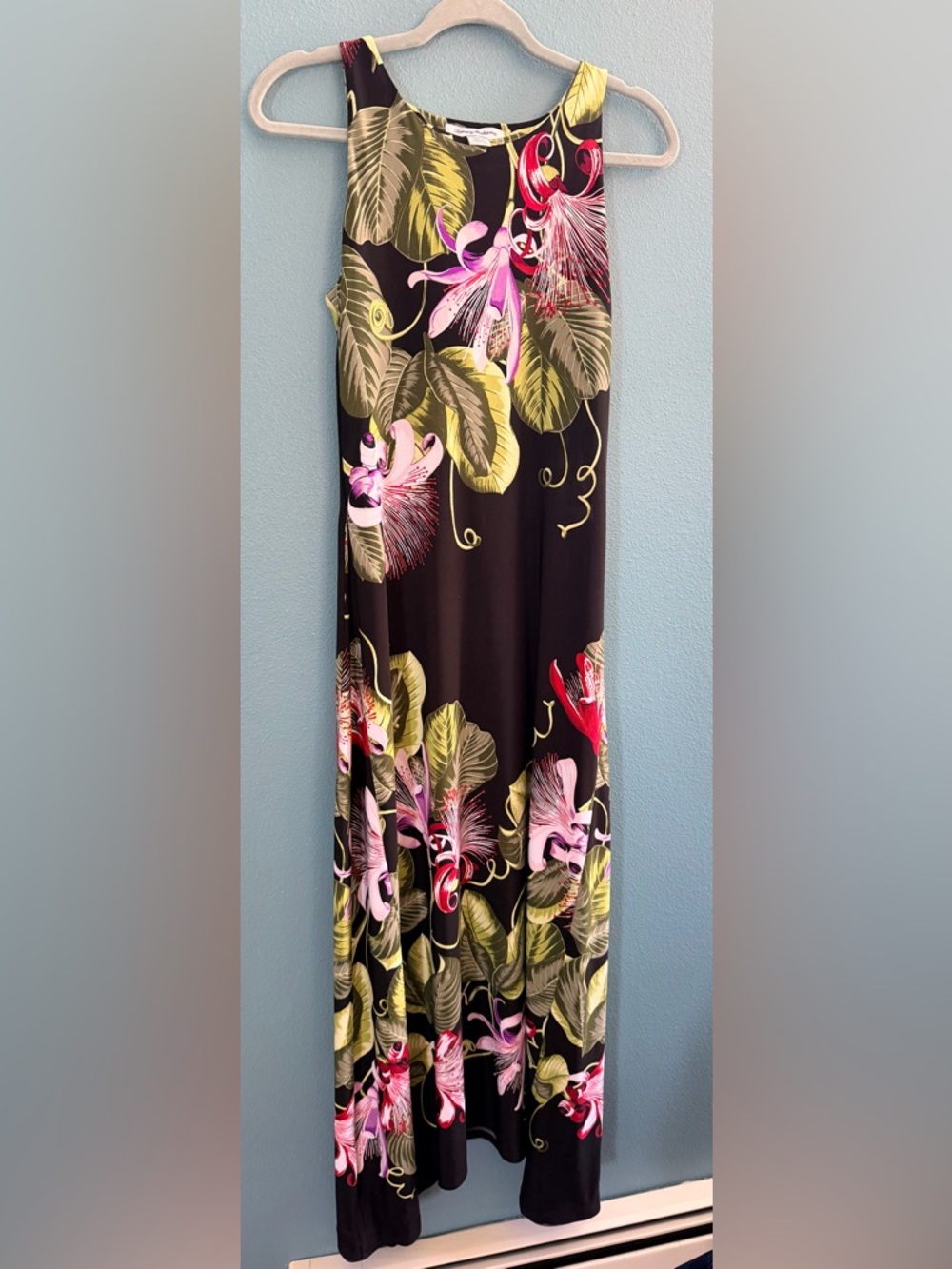Tommy Bahama Black Tropical Floral Dress with Pink & Green Details